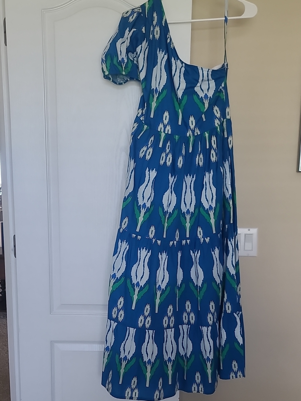 Oliphant Blue, White & Green One-Shoulder Floral Maxi Dress